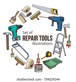 Set of building repair tools, colorful sketch illustration of repair tool. Vector