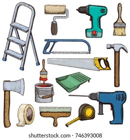 Set of building repair tools, colorful sketch illustration of repair tool. Vector