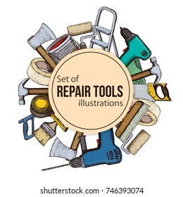 Set of building repair tools, colorful sketch illustration of repair tool. Vector