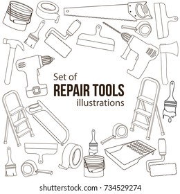 Set of building repair tools, line cartoon illustration of repair tools. Vector