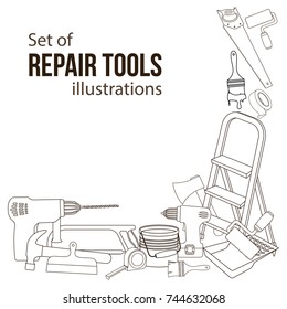 Set of building repair tools, line cartoon illustration of repair tools. Vector