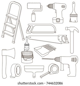 Set of building repair tools, line cartoon illustration of repair tools. Vector