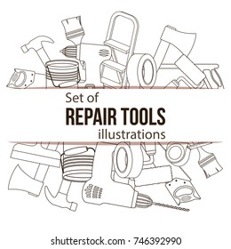 Set of building repair tools, line cartoon illustration of repair tools. Vector