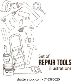 Set of building repair tools, line cartoon illustration of repair tools. Vector