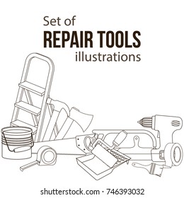 Set of building repair tools, line cartoon illustration of repair tools. Vector