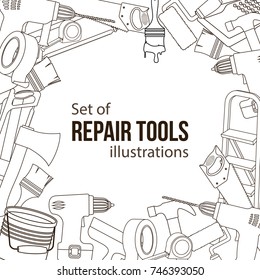 Set of building repair tools, line cartoon illustration of repair tools. Vector
