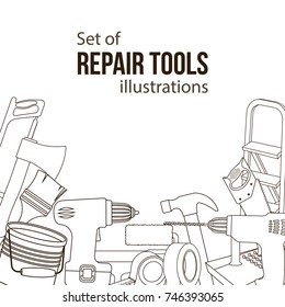 Set of building repair tools, line cartoon illustration of repair tools. Vector
