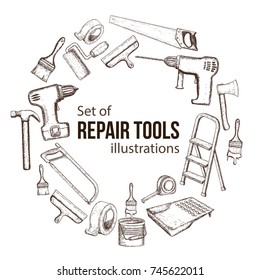 Set of building repair tools, sketch illustration of repair tool. Vector