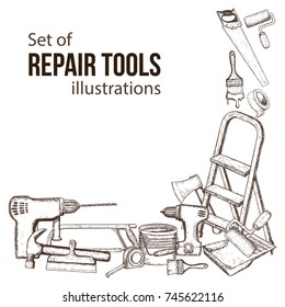 Set of building repair tools, sketch illustration of repair tool. Vector
