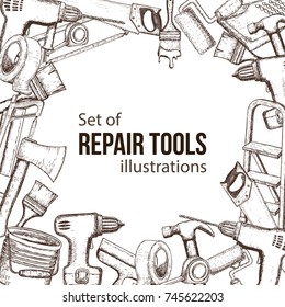 Set of building repair tools, sketch illustration of repair tool. Vector