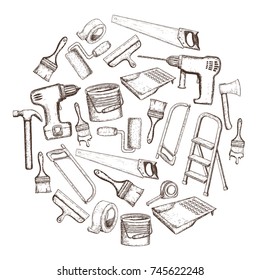 Set of building repair tools, sketch illustration of repair tool. Vector
