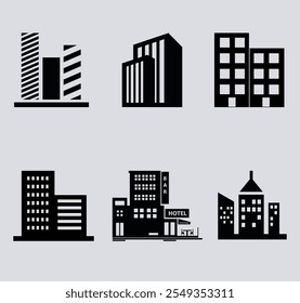 set of building silhouette isolated on white background.