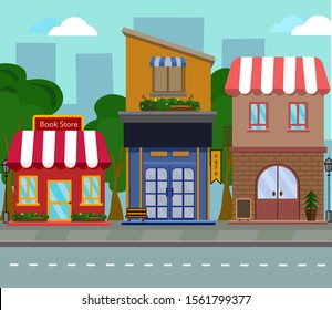 Set of building in style of small business flat design. shop vector.