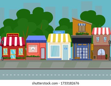 Conjunto de edificios en estilo de pequeñas empresas de diseño plano. vectores de tienda, barbería, farmacia, librería, cafetería.