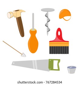 Set of building tools hammer, saw, screwdriver, brush, screw on a white background isolated