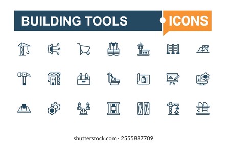 Set of Building Tools line icons. Contains related to tool box, tools, carpenter, construction tools, construction, builder and more. Thin UI icon design. Vector icons editable stroke.