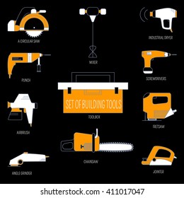 Set of building tools on black background, flat style 