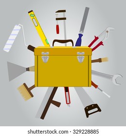 Set building tools on a circle with a closed metal box