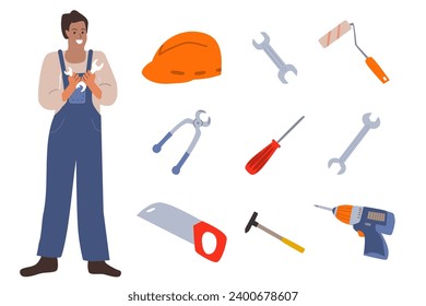 set of building tools and pretty man worker with dark skin. Vector illustration isolated. Smiling worker in blue overalls. Instruments and man. Sew, drill, hammer and other tools in flat style.