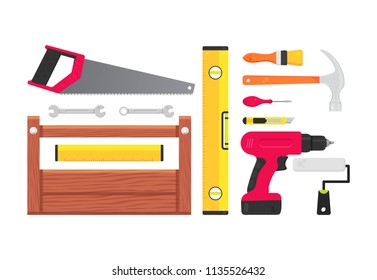 Set of building tools repair. Builder service hardware. Include drill, tool box hammer, screwdriver, saw, file, putty knife, ruler, roller, brush. Vector illustration flat style isolated on white.