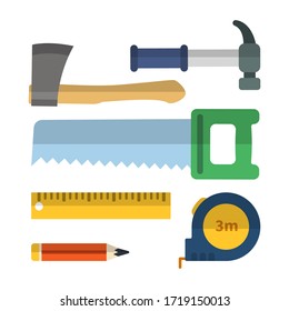 Set building tools repair, construction buildings hammer, ax, saw, tape measure, ruler and pencil. Vector illustration.