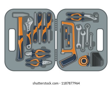 Set building tools repair. Tool box. Skrewdriver, hammer, handsaw and wrench