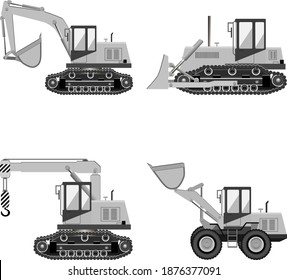 Set of building transportation. Excavator, crawler excavator, bulldozer, crane. Vector illustration. Color grey.