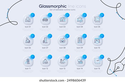 Set of Building warning, University campus and Balcony line icons for web app. Lighthouse, Market, Door icons. Square meter, Bid offer, Mortgage signs. Floor plan, Skyscraper buildings. Vector