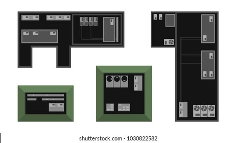 Set of buildings from above, top view. Realistic modern houses isolated on white background. City landscape elements. Simple cartoon cityscape. Flat style vector illustration.