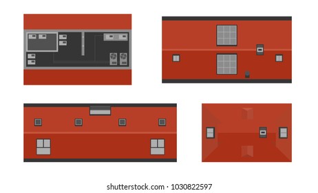 Set of buildings from above, top view. Realistic modern houses isolated on white background. City landscape elements. Simple cartoon cityscape. Flat style vector illustration.