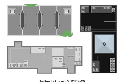 Set of buildings from above, top view. Realistic modern houses isolated on white background. City landscape elements. Simple cartoon cityscape. Flat style vector illustration.