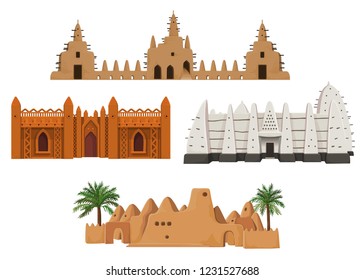 Set of buildings African architecture. House, mosque, ancient dwelling. Color drawing isolated on a white background. Vector illustration.