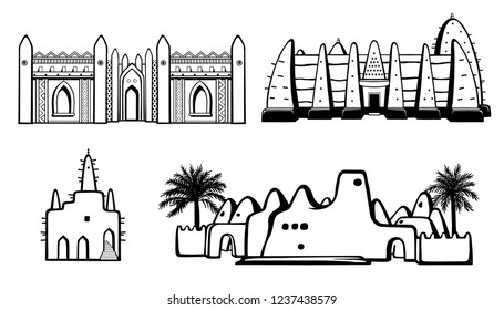 Set of buildings African architecture. House, mosque, ancient dwelling. Monochrome drawing isolated on a white background.  Vector illustration.