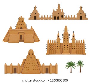 Set of buildings African architecture. House, mosque, ancient dwelling. Color drawing isolated on a white background. Vector illustration.