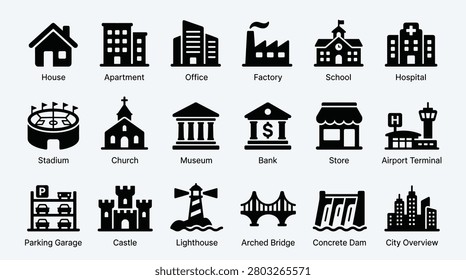 Set of buildings and architecture vector icons, including various structures like house, apartment, office, factory, school, hospital, stadium, church, museum, bank, store, airport terminal, parking garage, castle, lighthouse, bridge, dam, and city overview.
