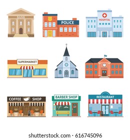 Set of buildings. Bank, hospital, police, supermarket, church, school, coffee shop, barber shop and restaurant