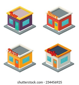 Set of buildings: bar, store, pizza, cafe. Isometric style