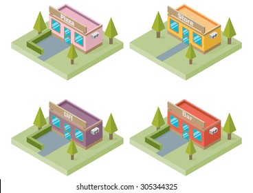 Set of buildings: bar, store, pizza, cafe. Isometric style