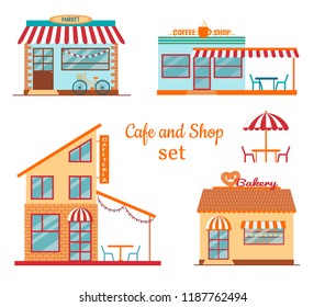 Set of buildings, cafe, market, coffee shop, bakery. Store facades. Vector flat illustration.