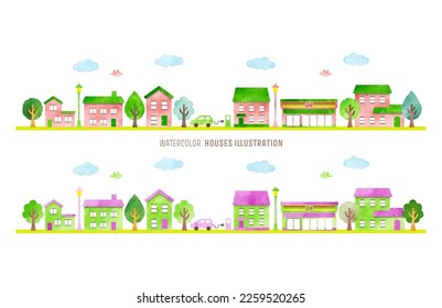 Conjunto de edificios al estilo de las caricaturas. Ilustración vectorial aislada en fondo blanco.