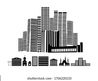 Un conjunto de edificios. Ciudad. Ilustración del vector