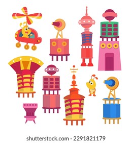 Set of buildings and cute funny aliens. Color vector illustration. Cities on planets in space in cartoon style for design. Isolated objects on white background. 