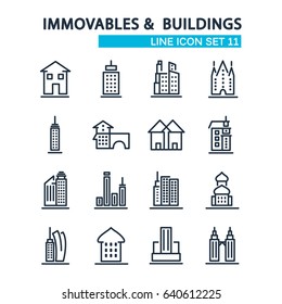 Set of buildings design style decorative icons on the white background with sixteen images such as downtown, skyscraper, church, cityscape, warehouse, townhouse vector illustration