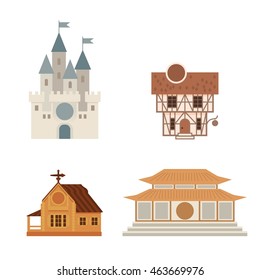 A set of buildings from different countries and eras with place for emblem. Vector flat illustration. 