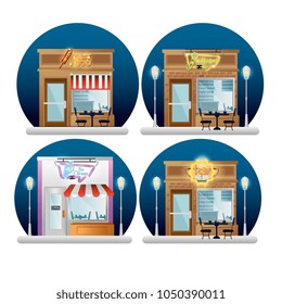 set buildings facades with neon labels