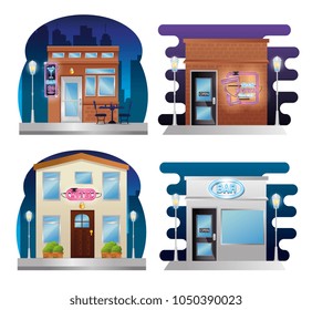 set buildings facades with neon labels
