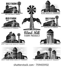 Set of buildings of farm, granary, water tower, wind mill in retro style vintage label