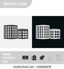 Set of buildings flat black and white vector icon.
