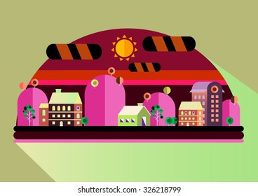 Set of buildings in flat design style. City against the sky and hills. Infographic elements of architecture of a small town.