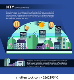 Set of buildings in flat design style. City against the sky and a green hill. Infographic elements of architecture of a small town.